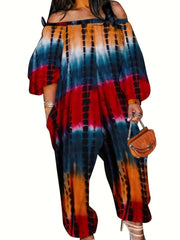  Boho Tie Dye Off Shoulder Lantern Sleeve Jumpsuit