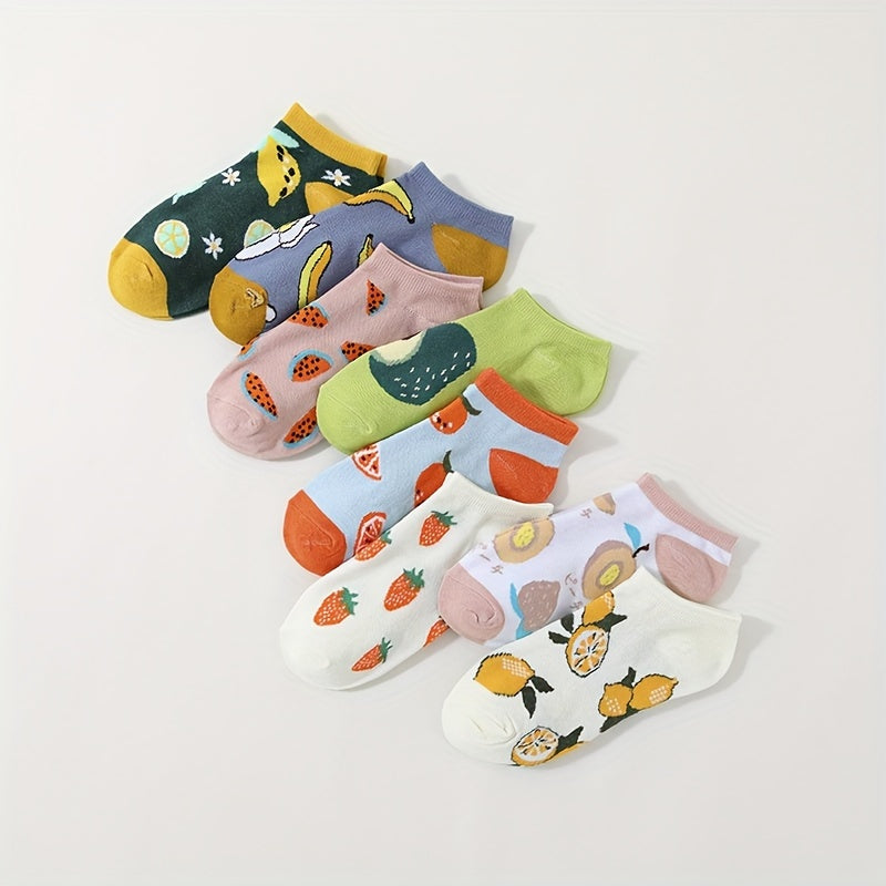 8 Pairs Cartoon Fruit Print Socks Crew & Ankle Socks Women's Stockings