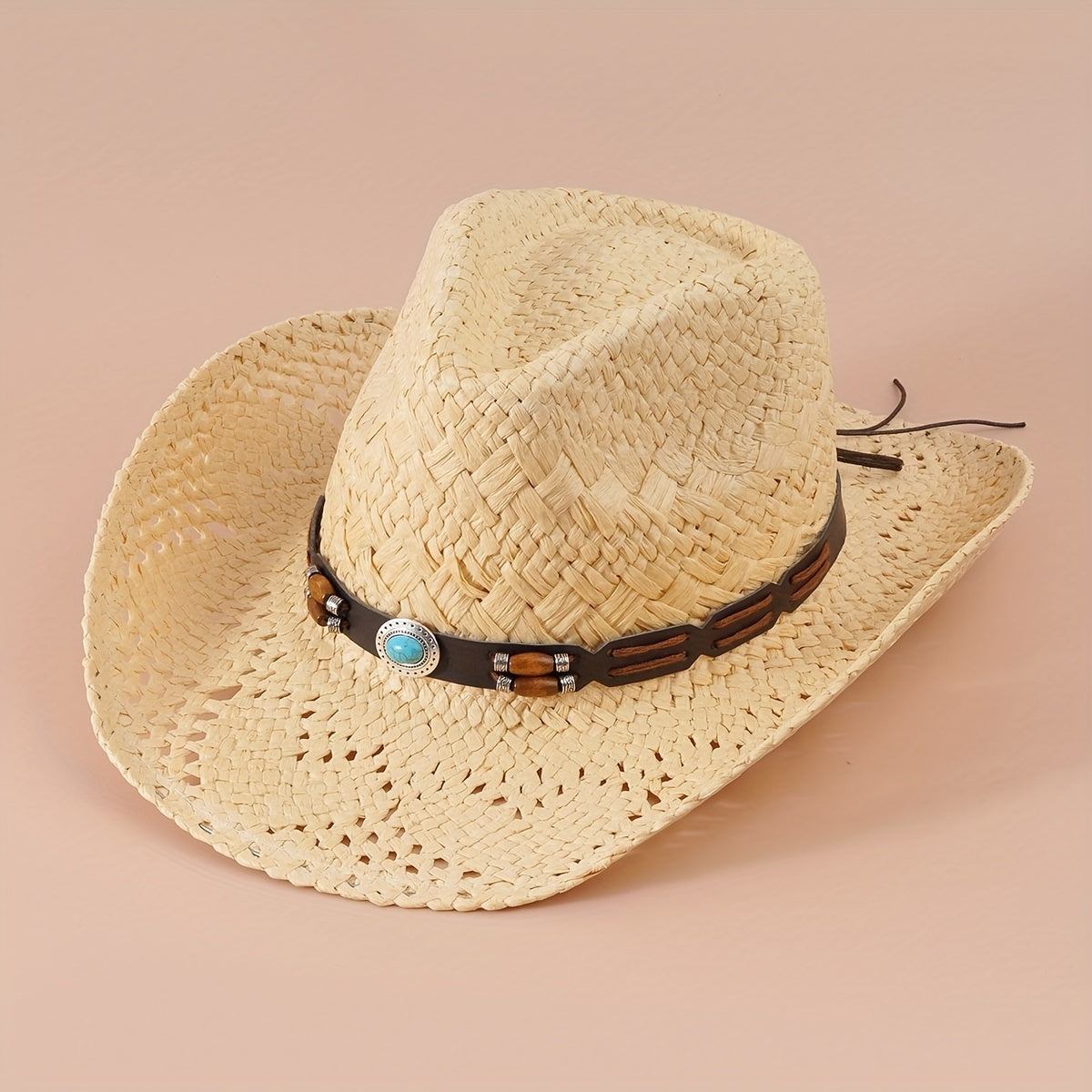 Western Cowboy Straw Hat With Large Wood Beads Turquoise Leather Belt