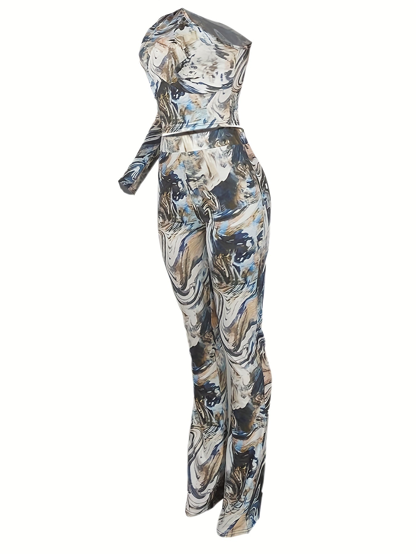  Marble Print One Shoulder Crop Top & Leggings Set
