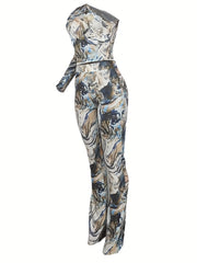  Marble Print One Shoulder Crop Top & Leggings Set