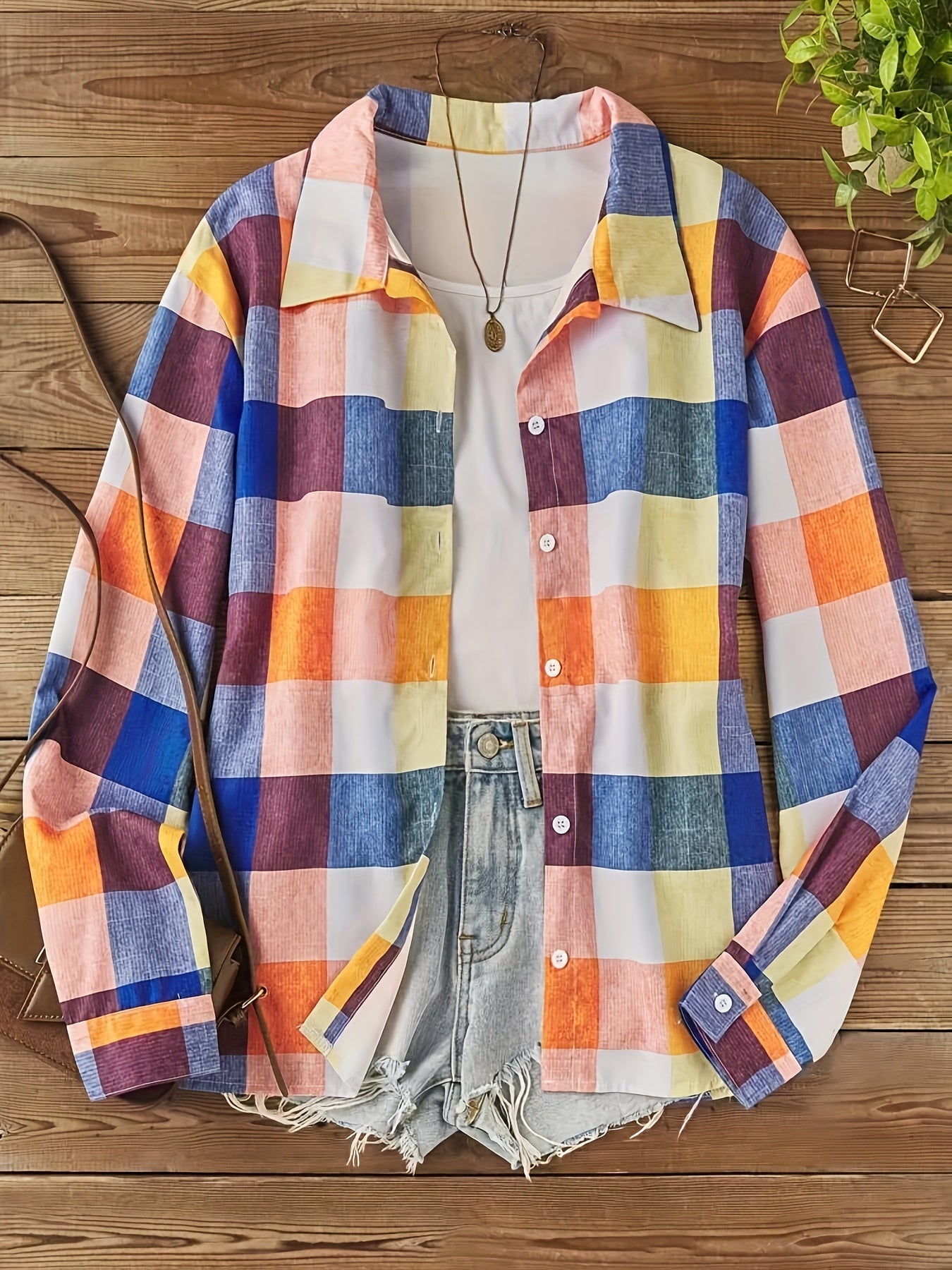  Colorful Plaid Print Long Sleeve Button Up Shirt