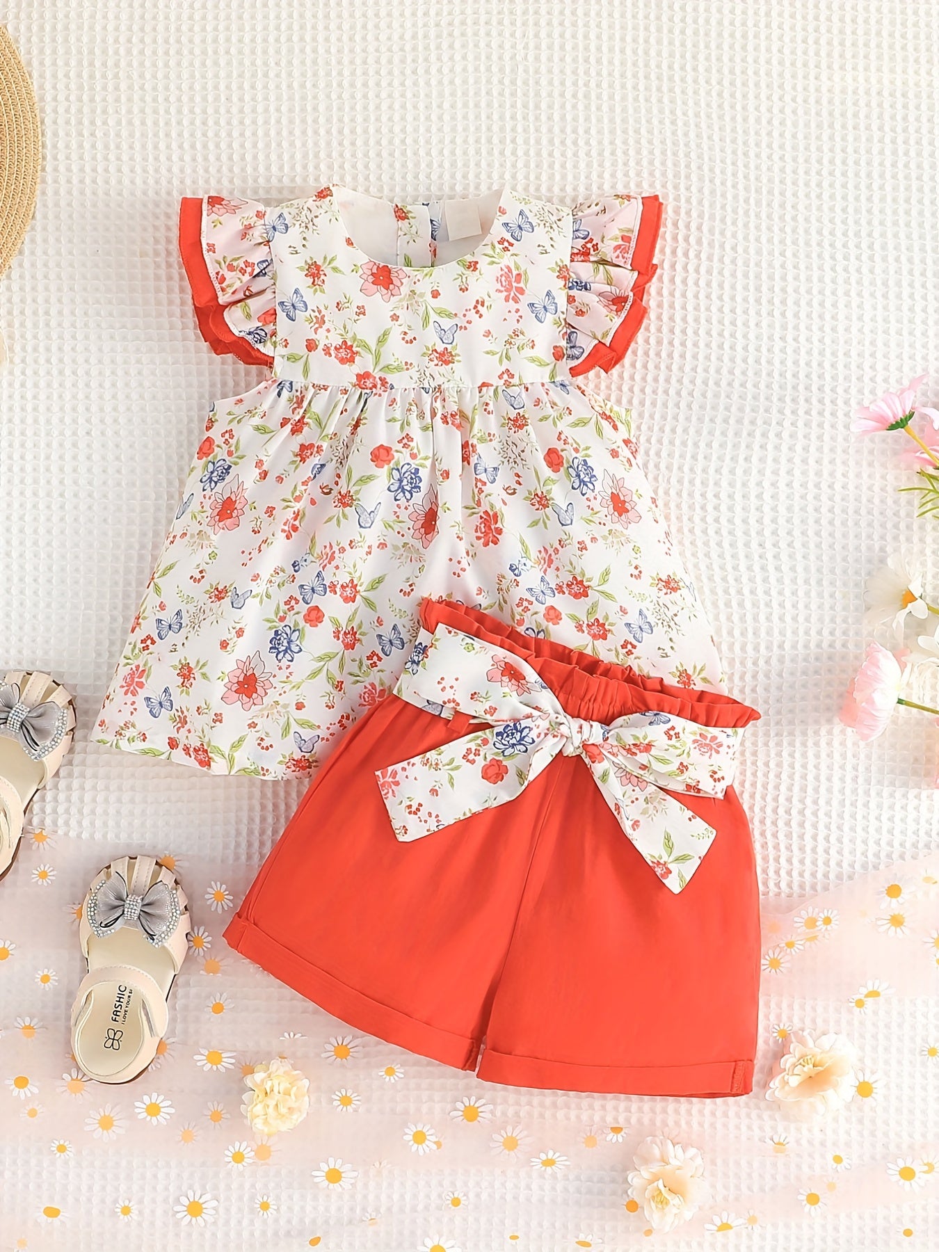 Girls Ruffled Sleeves Floral Blouse Top & Shorts Set