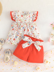 Girls Ruffled Sleeves Floral Blouse Top & Shorts Set