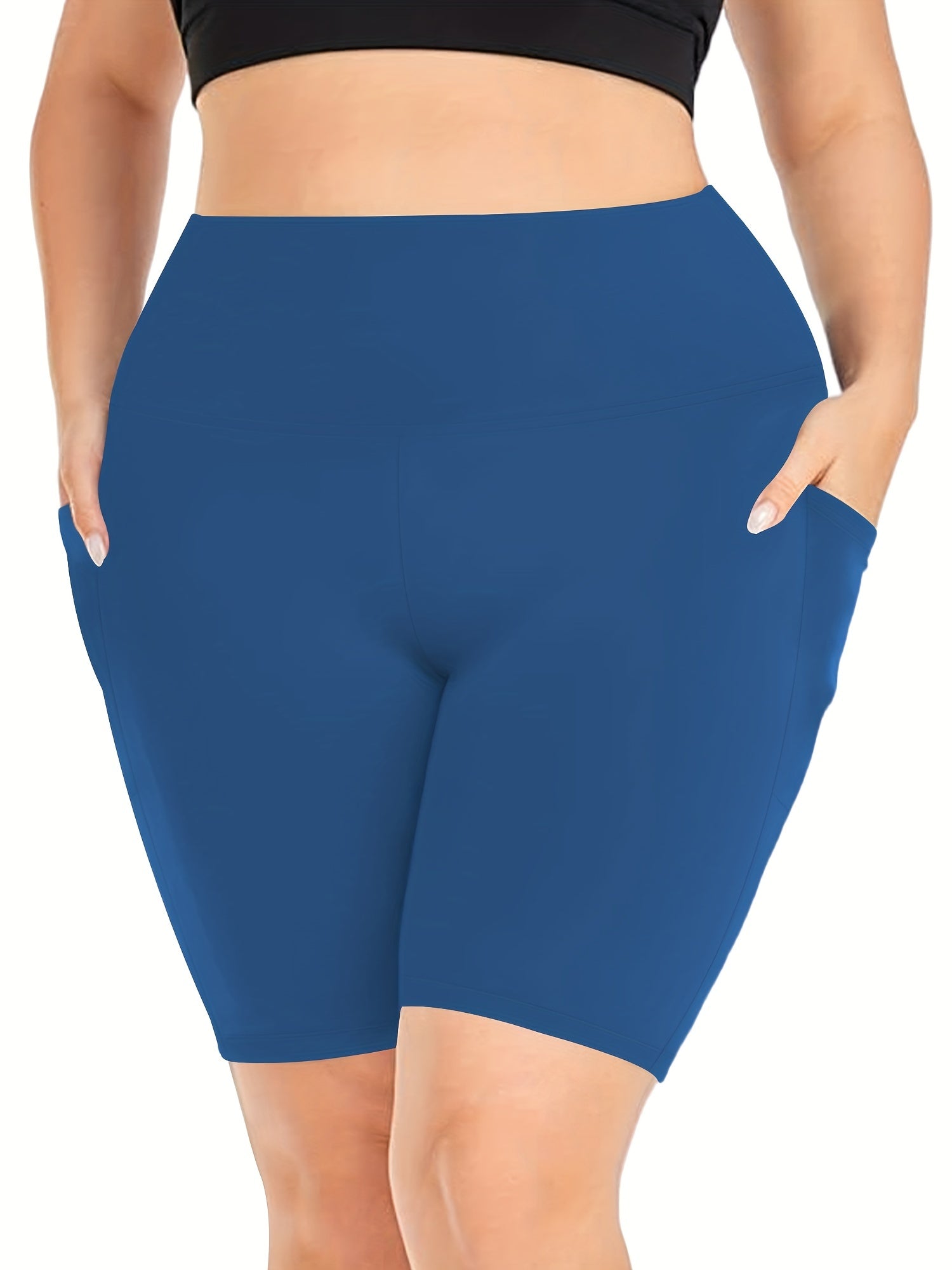 Plus Size Sports Shorts Women's Plus Solid High Rise Pockets Side Stretchy Yoga