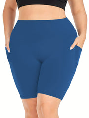 Plus Size Sports Shorts Women's Plus Solid High Rise Pockets Side Stretchy Yoga