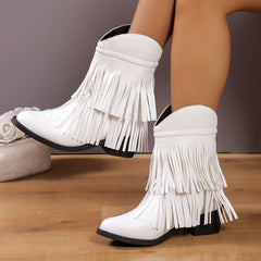 Women's Tassel Short Boots Pointed Toe Embroidered V cut Slip On Western Boots