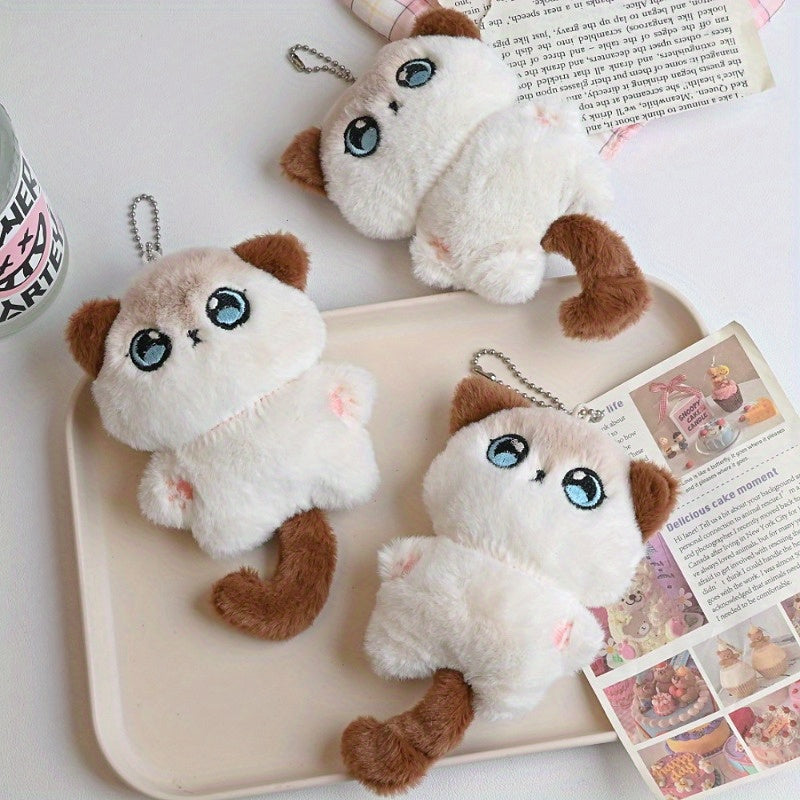 Plush Cat Tail Charms with Fluffy Ears & Expressive Face Backpack & Keychain