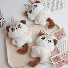 Plush Cat Tail Charms with Fluffy Ears & Expressive Face Backpack & Keychain