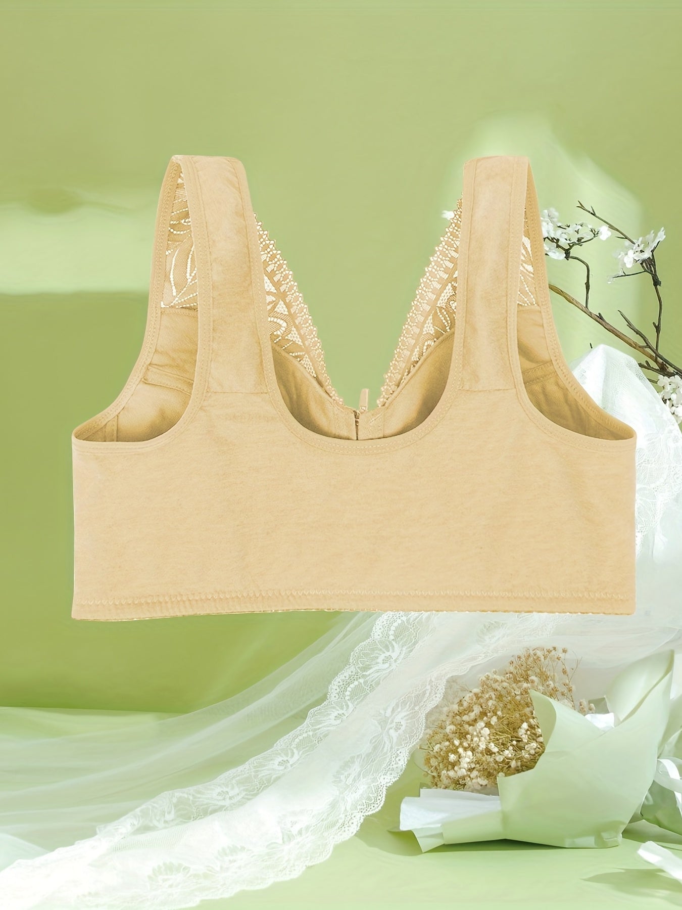  Leaf Jacquard Zipper Front Lace Bra