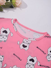 Cat Print Pajama Set Short Sleeve Top & Pants Women's Sleepwear