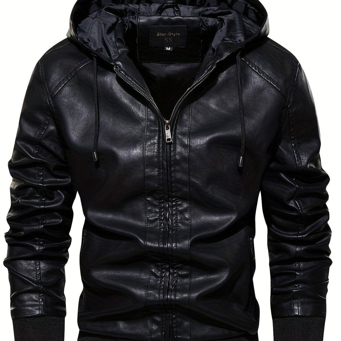 Men's PU Hooded Jacket Zip Up Leather Jacket Spring Fall