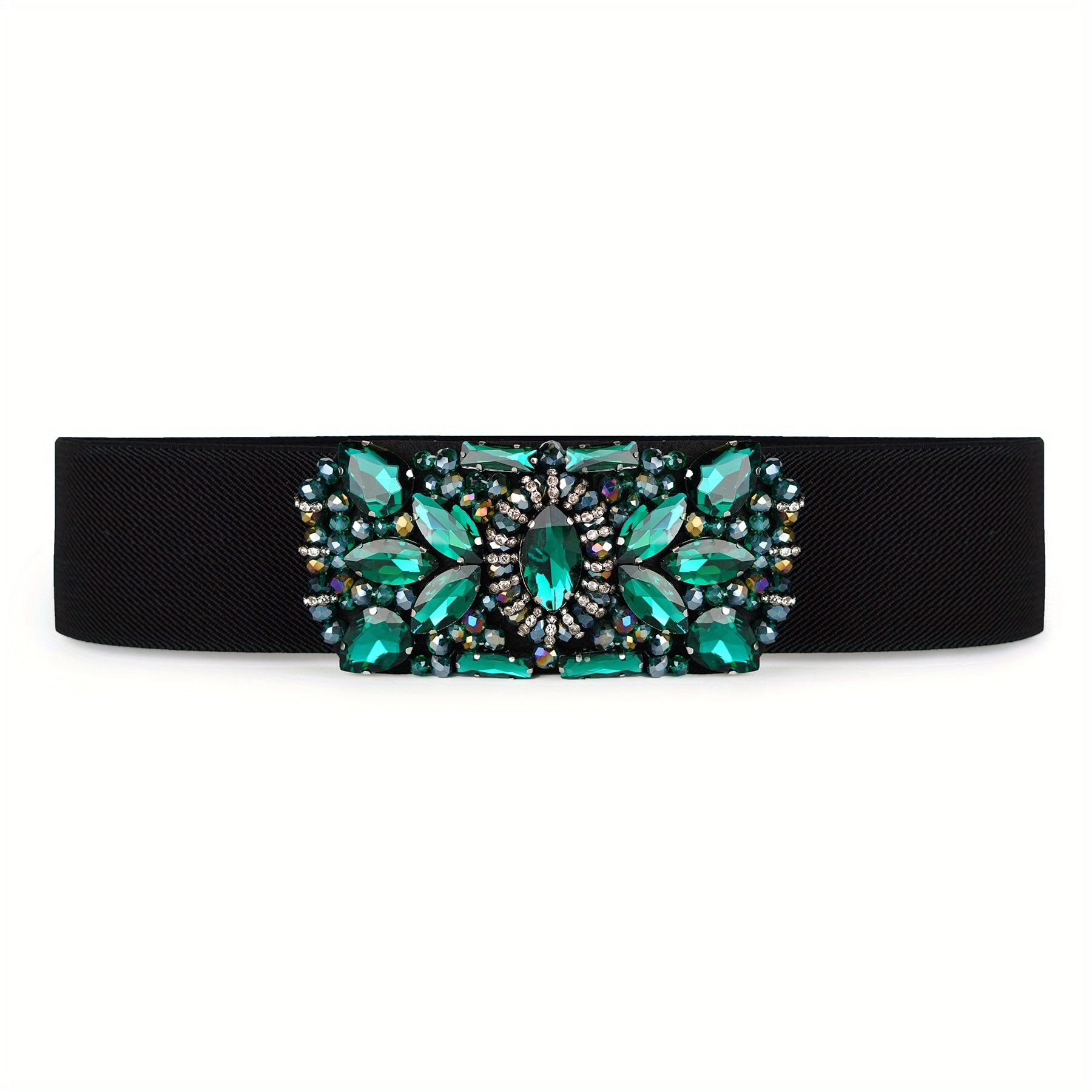 Green Rhinestone Wide Belt Full Crystal Buckle Vintage Elastic Waistband
