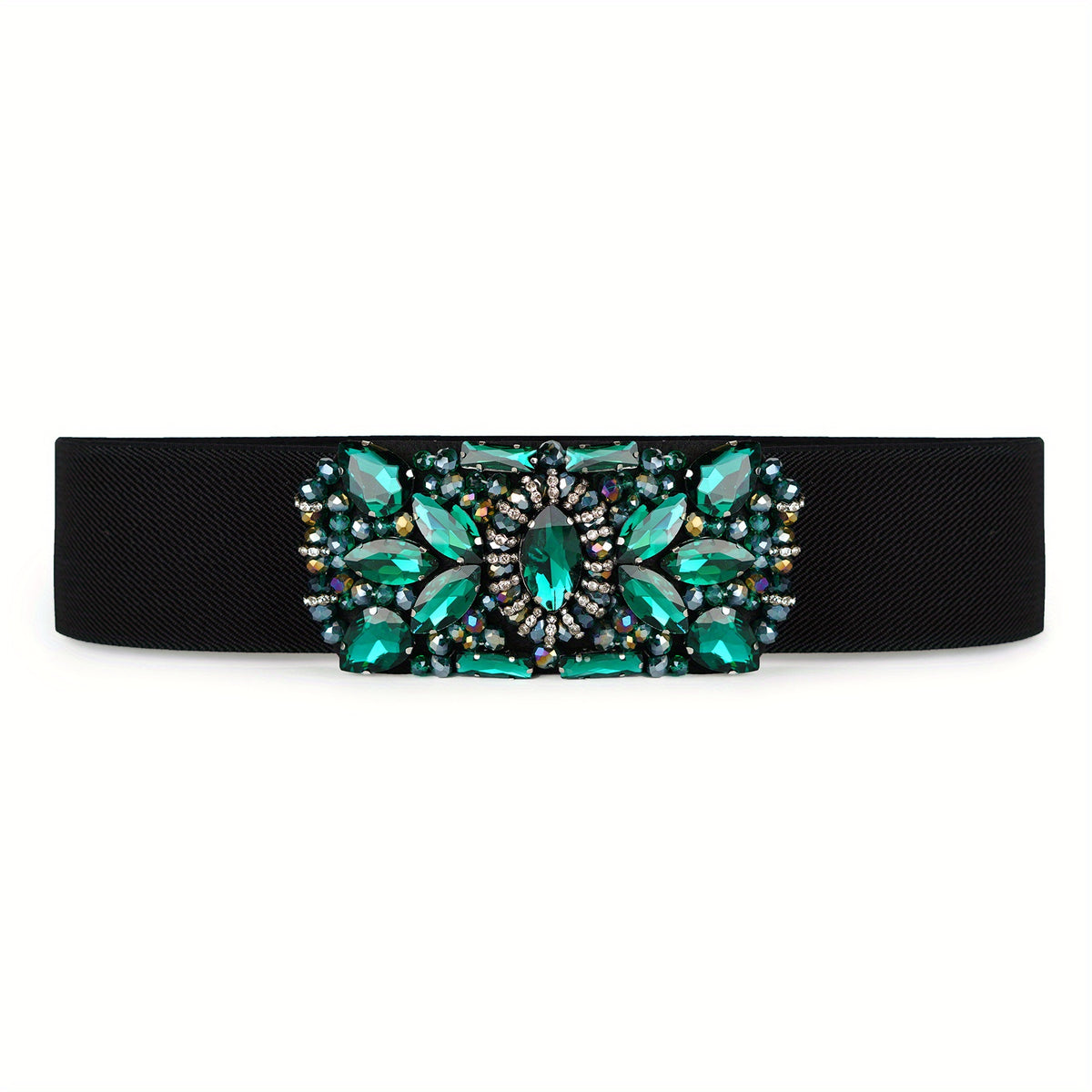 Green Rhinestone Wide Belt Full Crystal Buckle Vintage Elastic Waistband