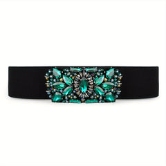 Green Rhinestone Wide Belt Full Crystal Buckle Vintage Elastic Waistband