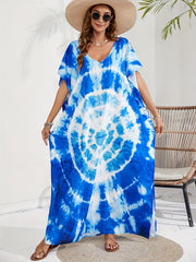 Boho Cover Up Spiral Tie Dye Print Kaftan Maxi Dress
