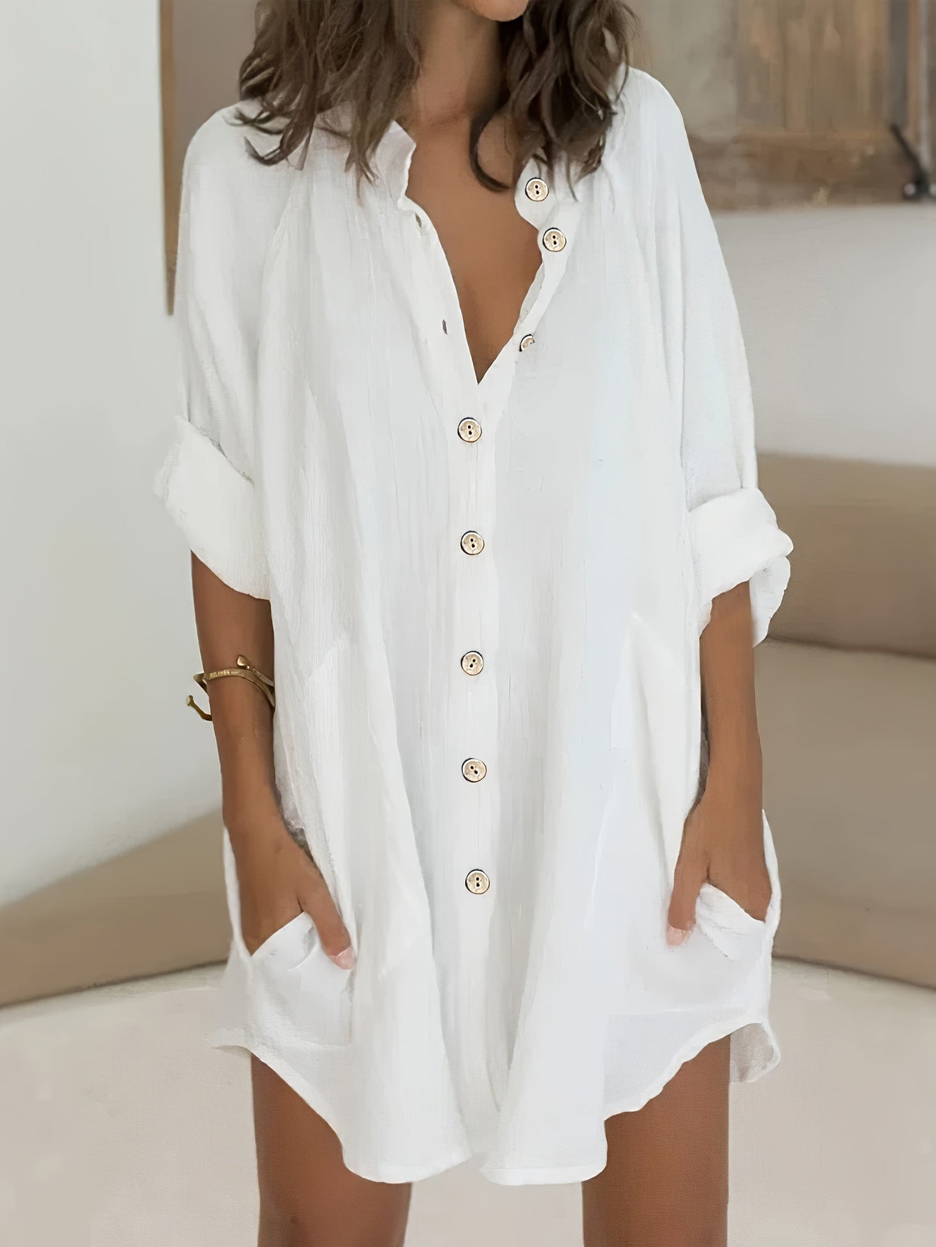  Solid Roll Up Sleeve Mock Neck Button Up Shirt Tunic Top