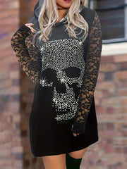  Gothic Dress Women's Rhinestone Skull Hooded Bodycon Dress