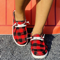 Christmas Red Plaid Pattern Flat Shoes Women's Casual Lightweight Soft