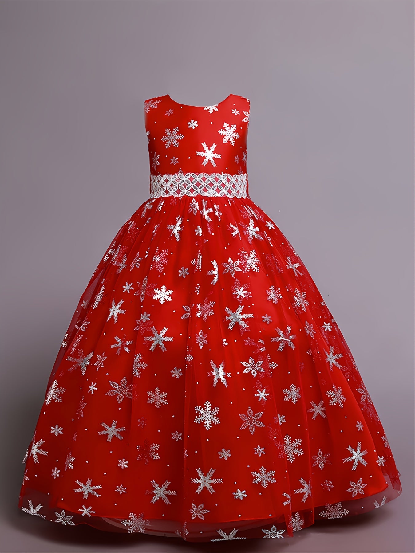 Girls Snowflake Long Dress Sleeveless Mesh Christmas Princess Party