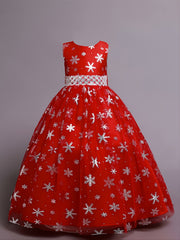 Girls Snowflake Long Dress Sleeveless Mesh Christmas Princess Party