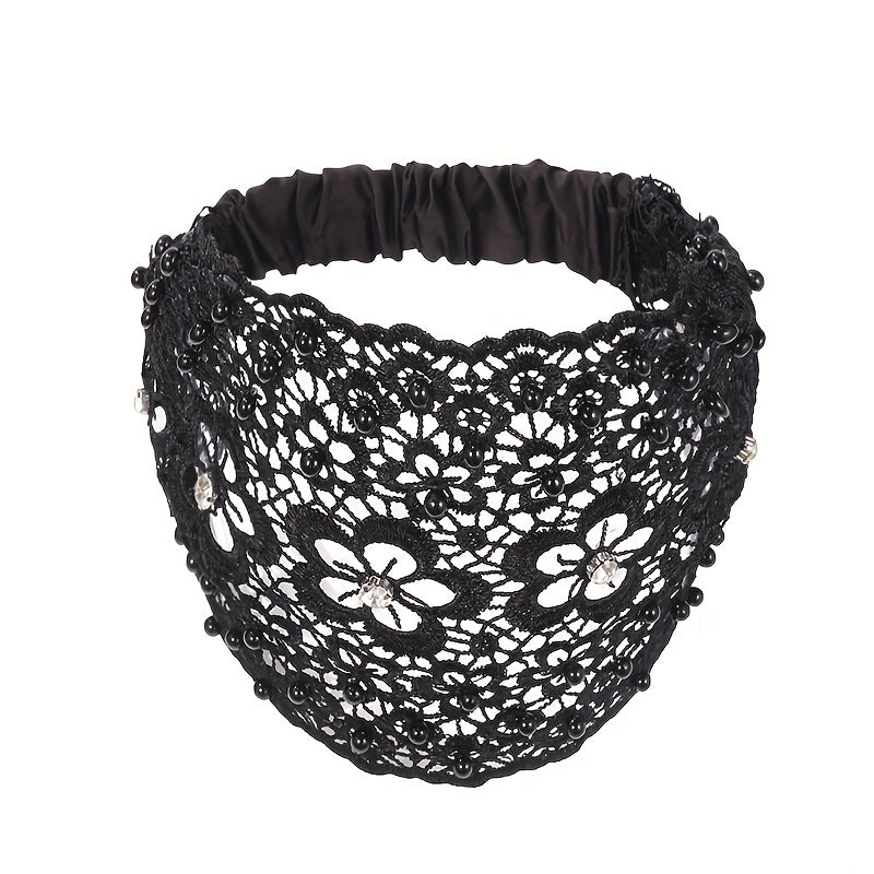 Floral Lace Hair Band Retro Wide Mesh Headdress Headwear Rhinestone Decor