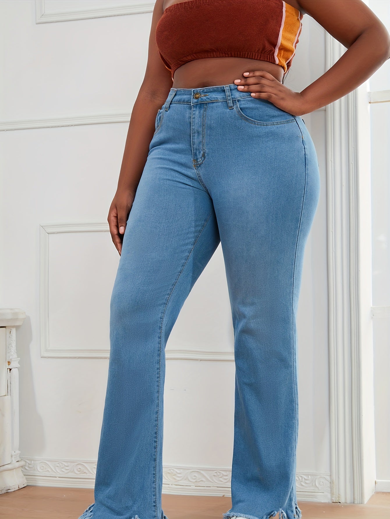  Washed High Rise Fringe Flare Jeans