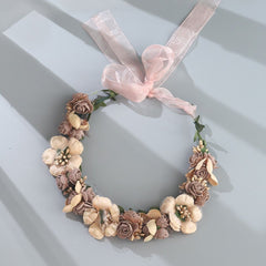 MIALLO Floral Headband Soft Fabric Flower Crown with Pink & Brown Blooms