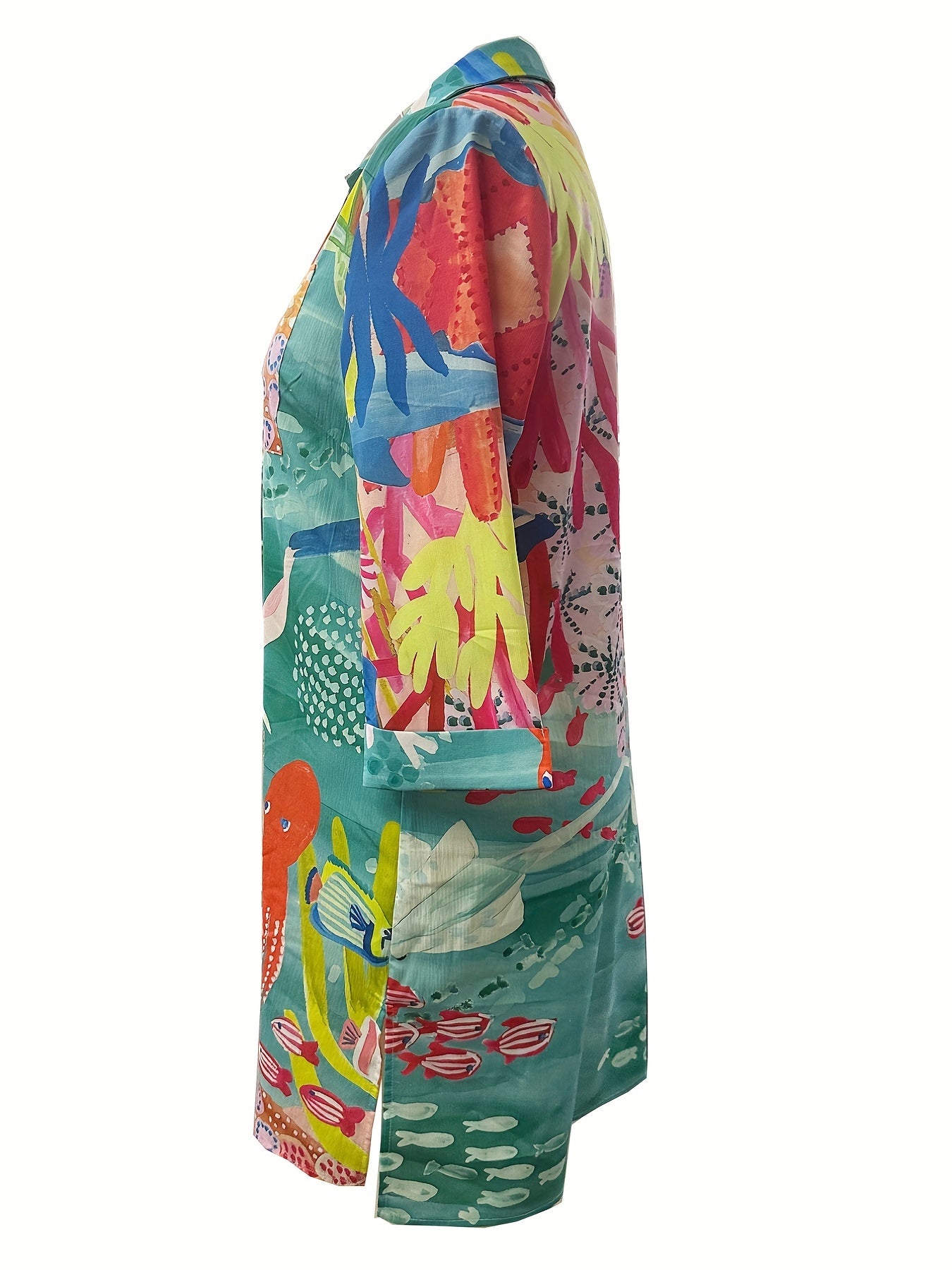  Fish Print Button Up Beachwear Dress