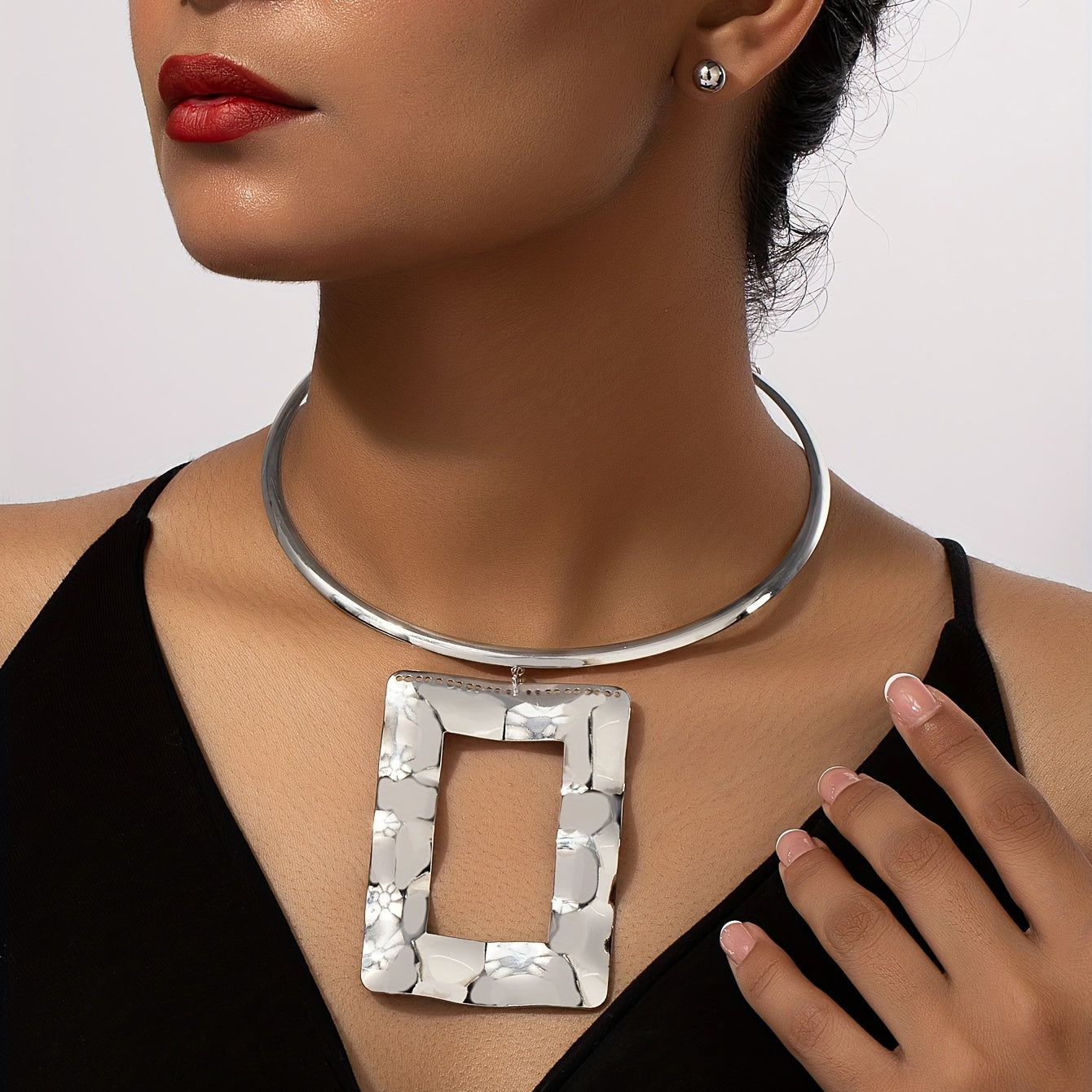 Geometric Pendant Choker & Earrings Set - Hip Hop Style