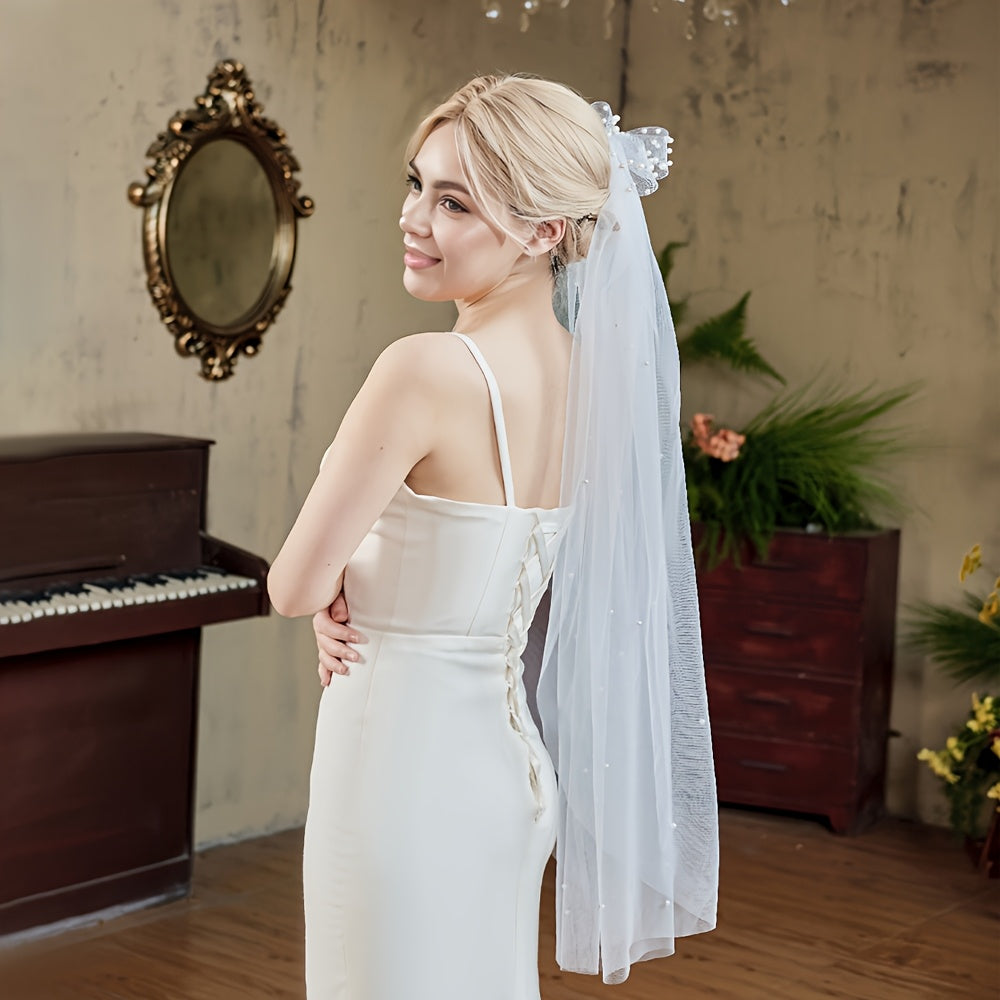 Bride's Wedding Dress Accessories with Pearls & Short Bow Headscarf