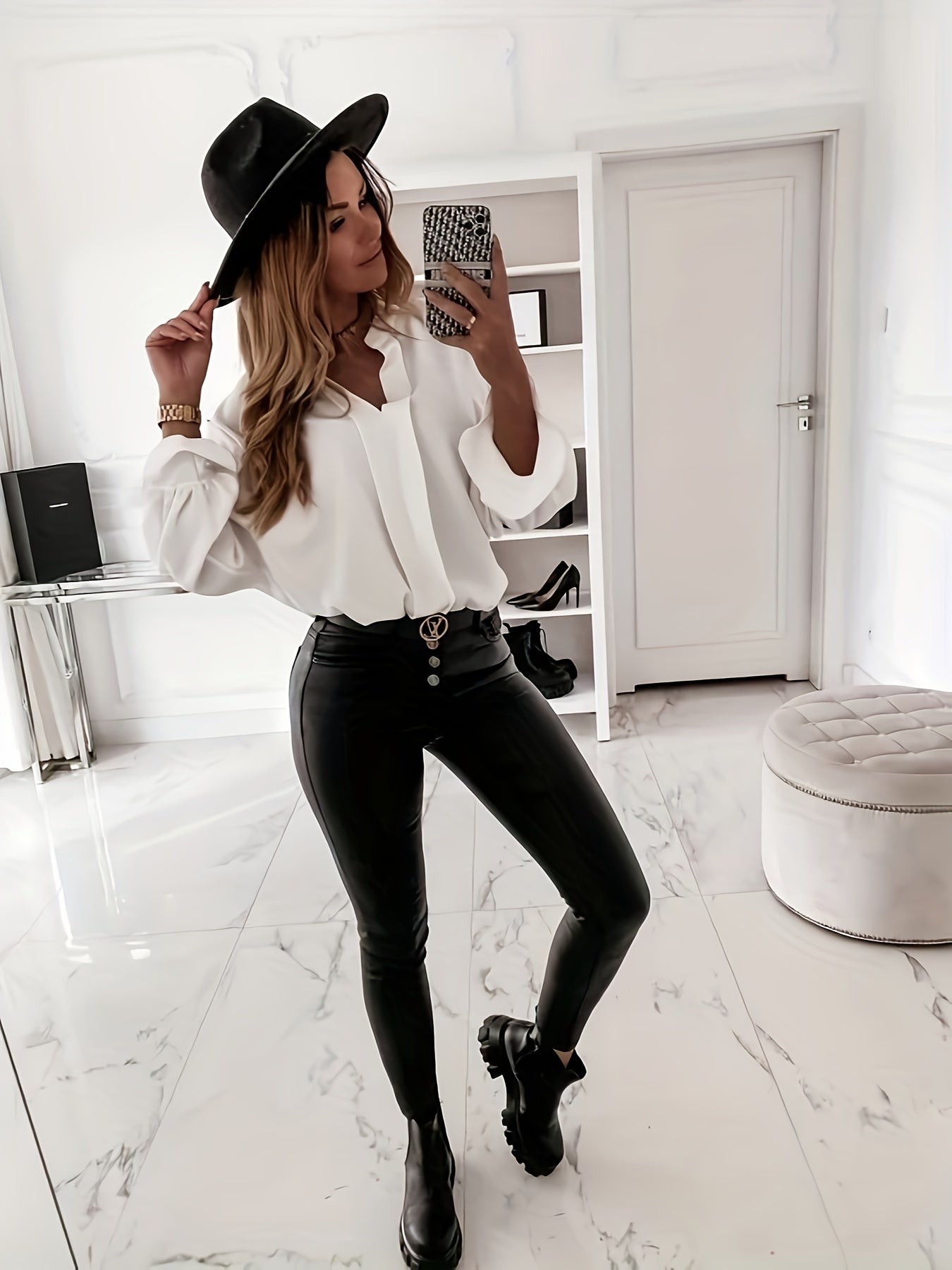  Casual Blouse Women's Solid Flounce Sleeve Stand Collar Shirt