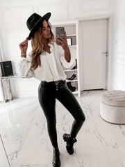  Casual Blouse Women's Solid Flounce Sleeve Stand Collar Shirt