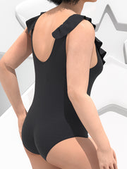  Solid V Neck Ruffle Trim One Piece Bathing Suit