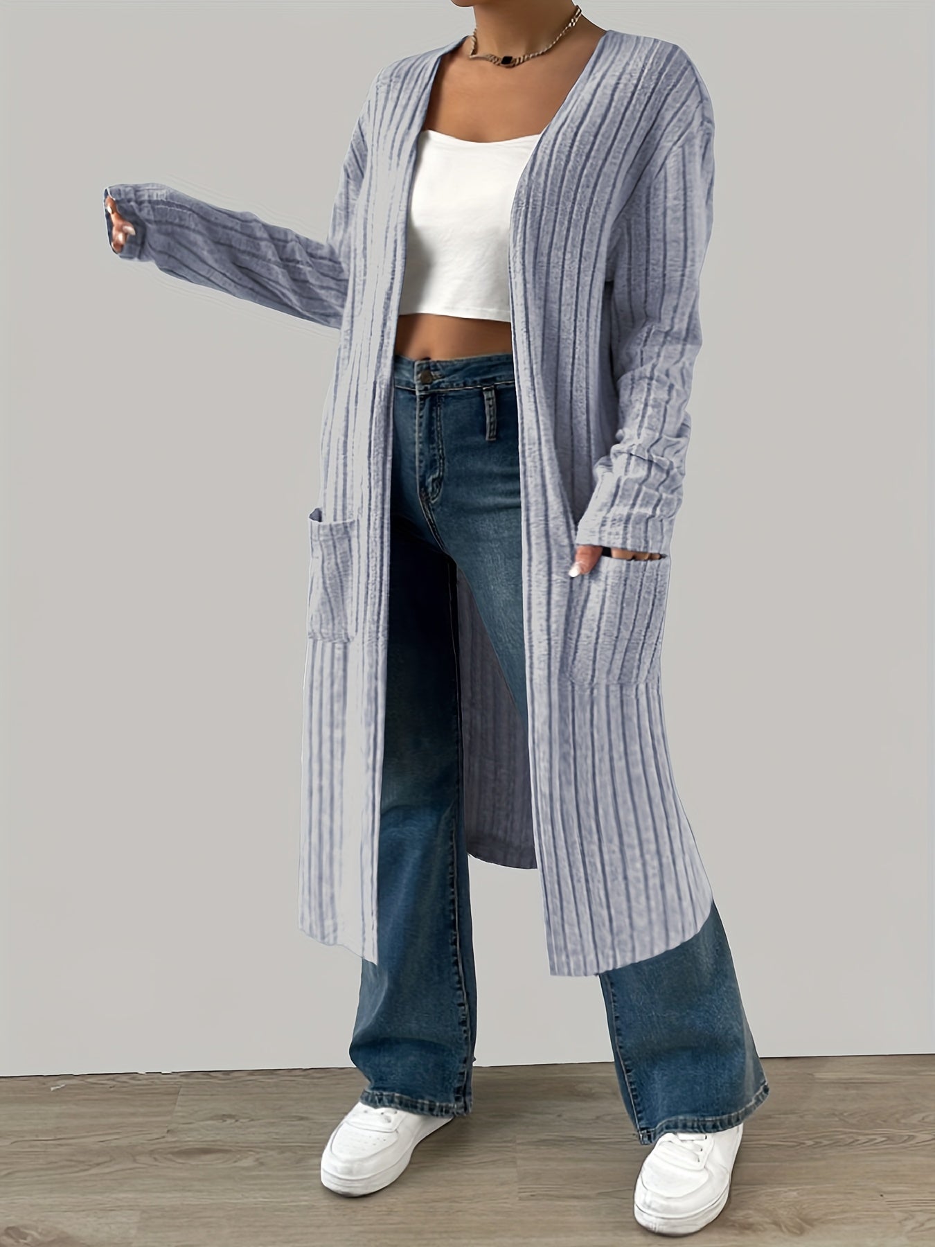  Solid Ribbed Long Sleeve Open Front Cardigan