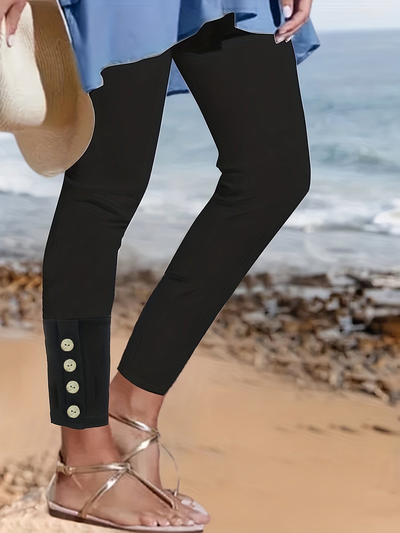  Casual Leggings Women's Plus Solid Button High Rise Leggings