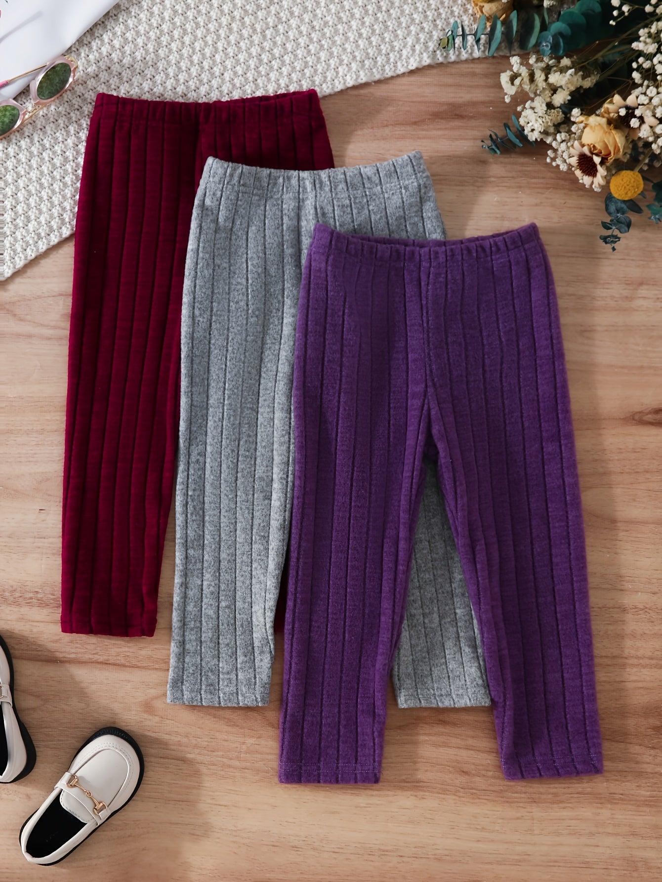 3 Pack Ribbed Long Pants for Girls, Comfy Sweatpants for Sports