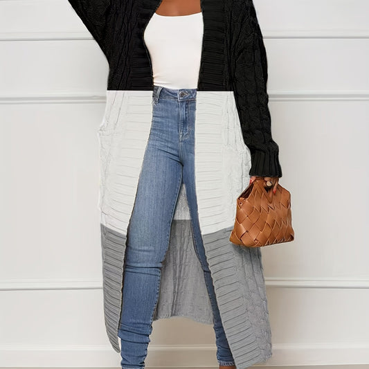  Colorblock Cable Long Sleeve Open Front Cardigan