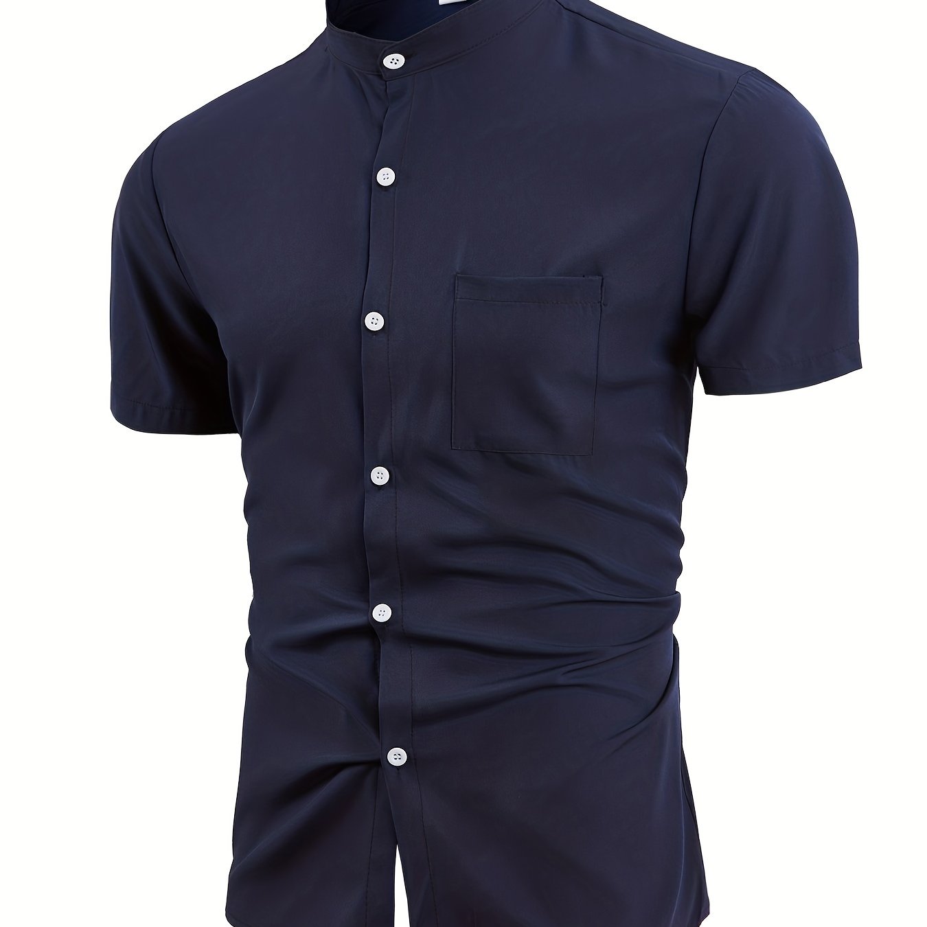 Men's Band Collar Short Sleeve Button Up Solid Shirt