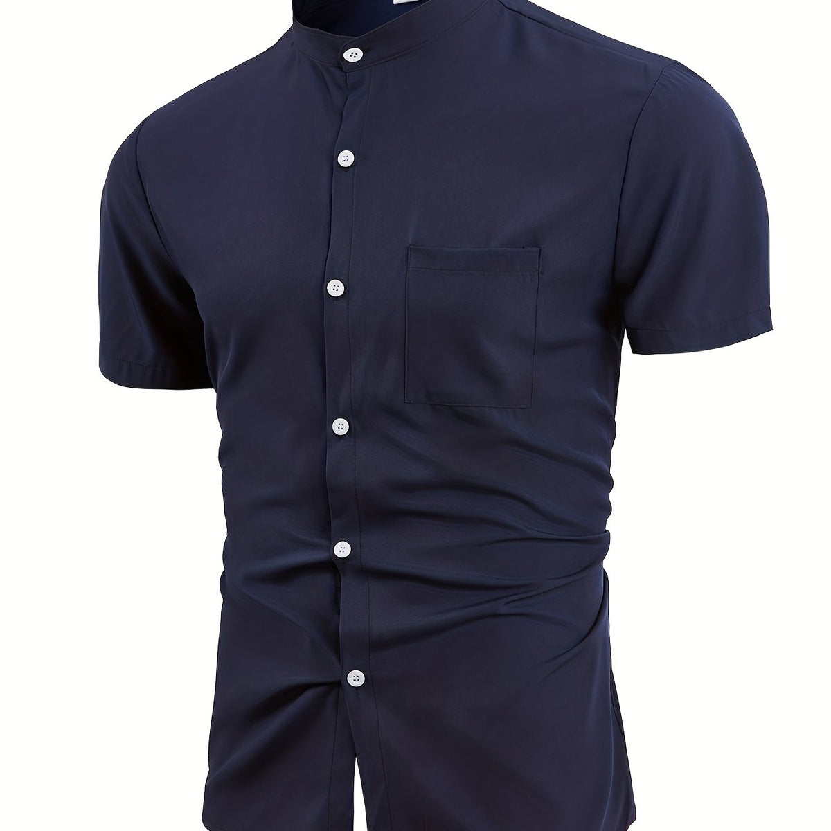 Men's Band Collar Short Sleeve Button Up Solid Shirt