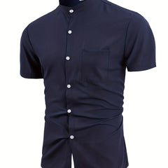 Men's Band Collar Short Sleeve Button Up Solid Shirt