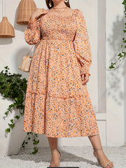  Floral Print Lantern Sleeve Midi Smock Dress