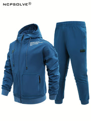 Men's Comfy Hooded Jacket & Stretch Pants Set for Outdoor Zipper Pocket