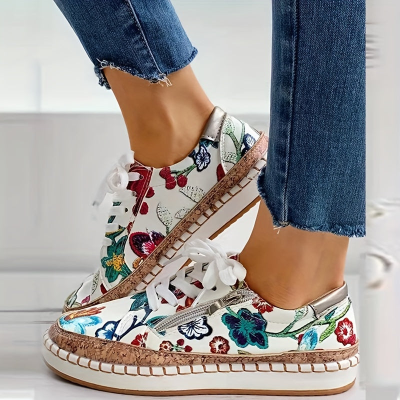Floral Print Flat Sneakers Low Top Shoes Lace Zipper Casual Walking Shoes