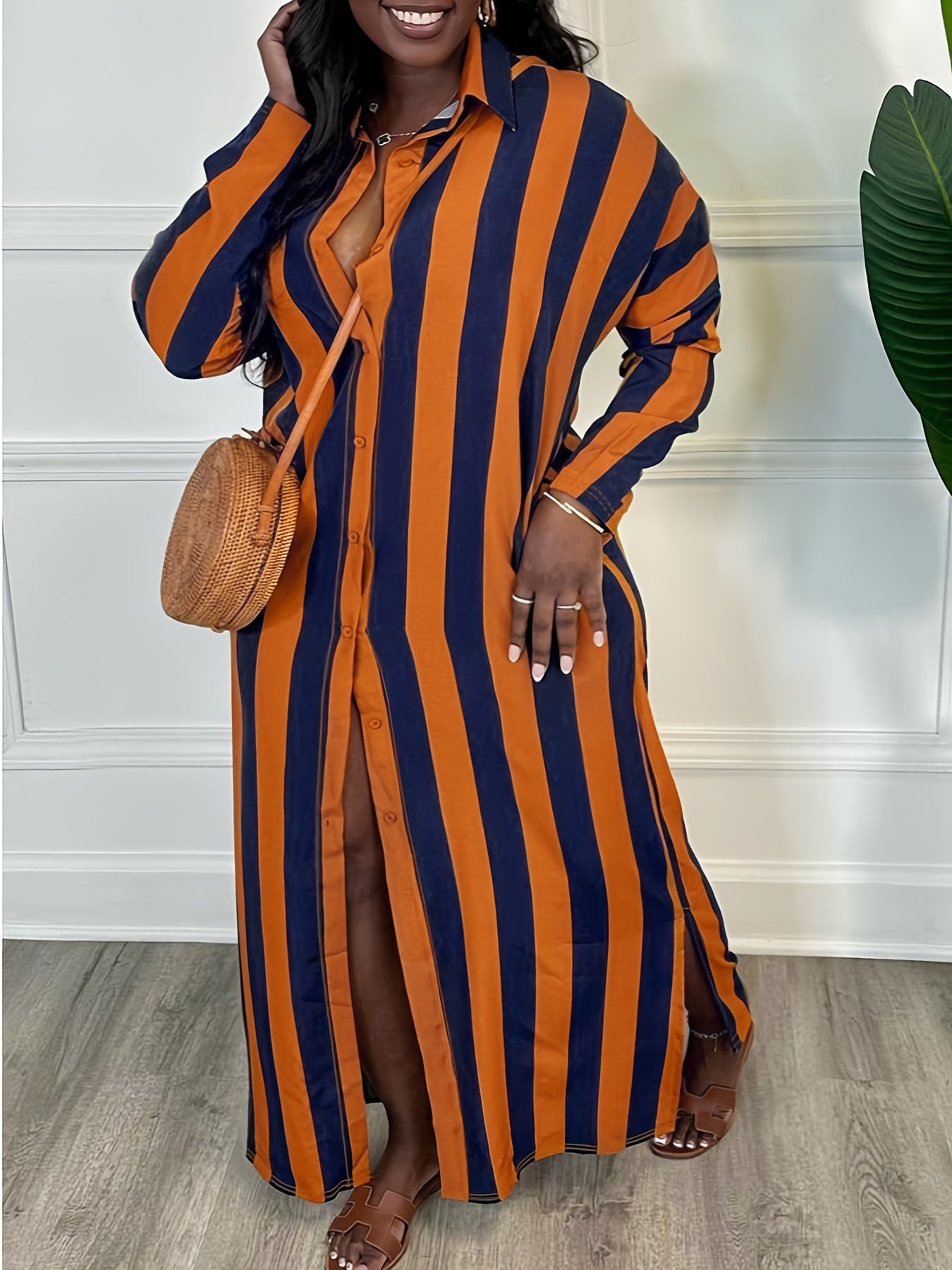  Stripe Long Sleeve Maxi Shirt Dress