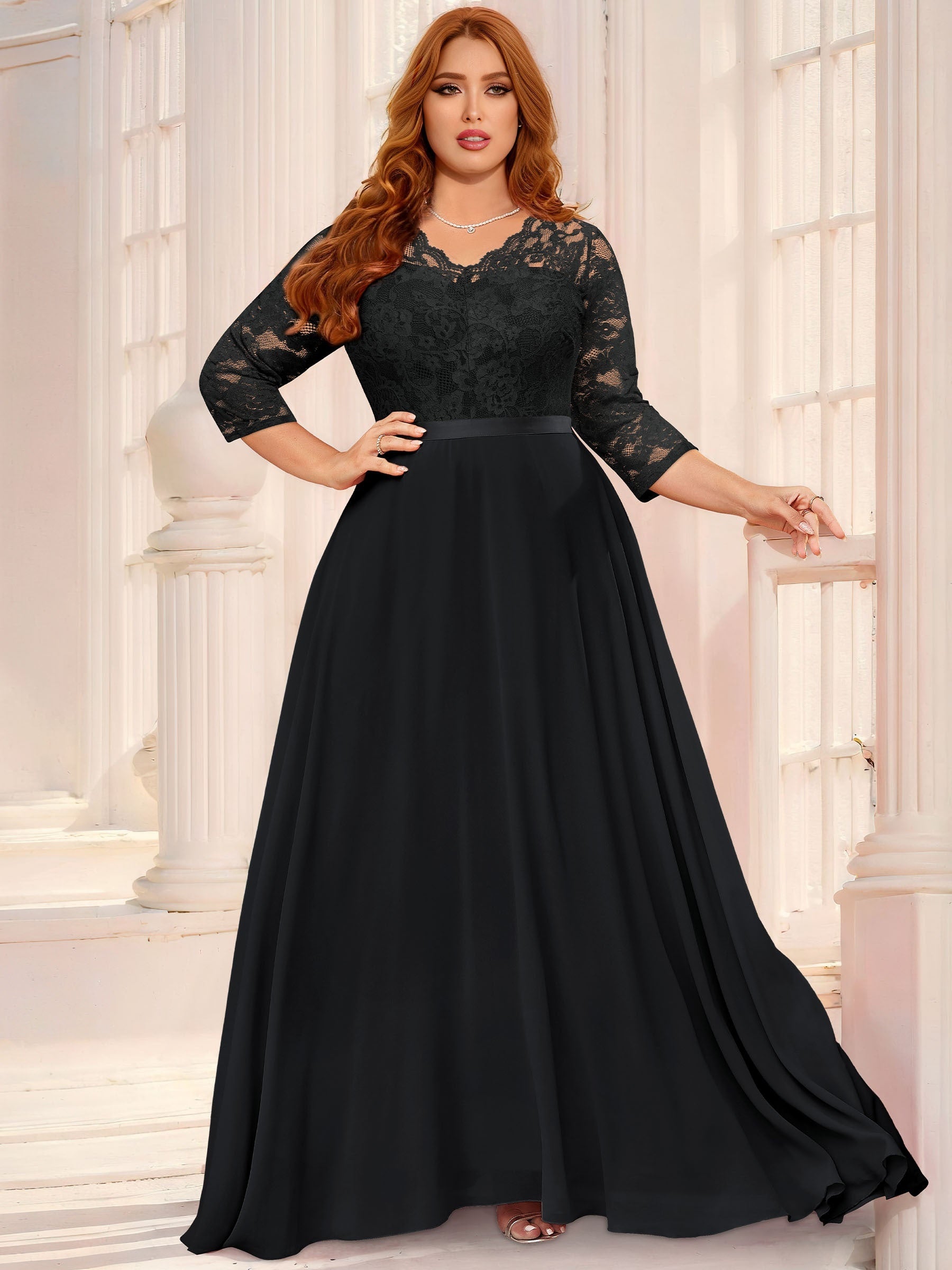  Floral Lace V Neck 3/4 Sleeve Maxi Dress
