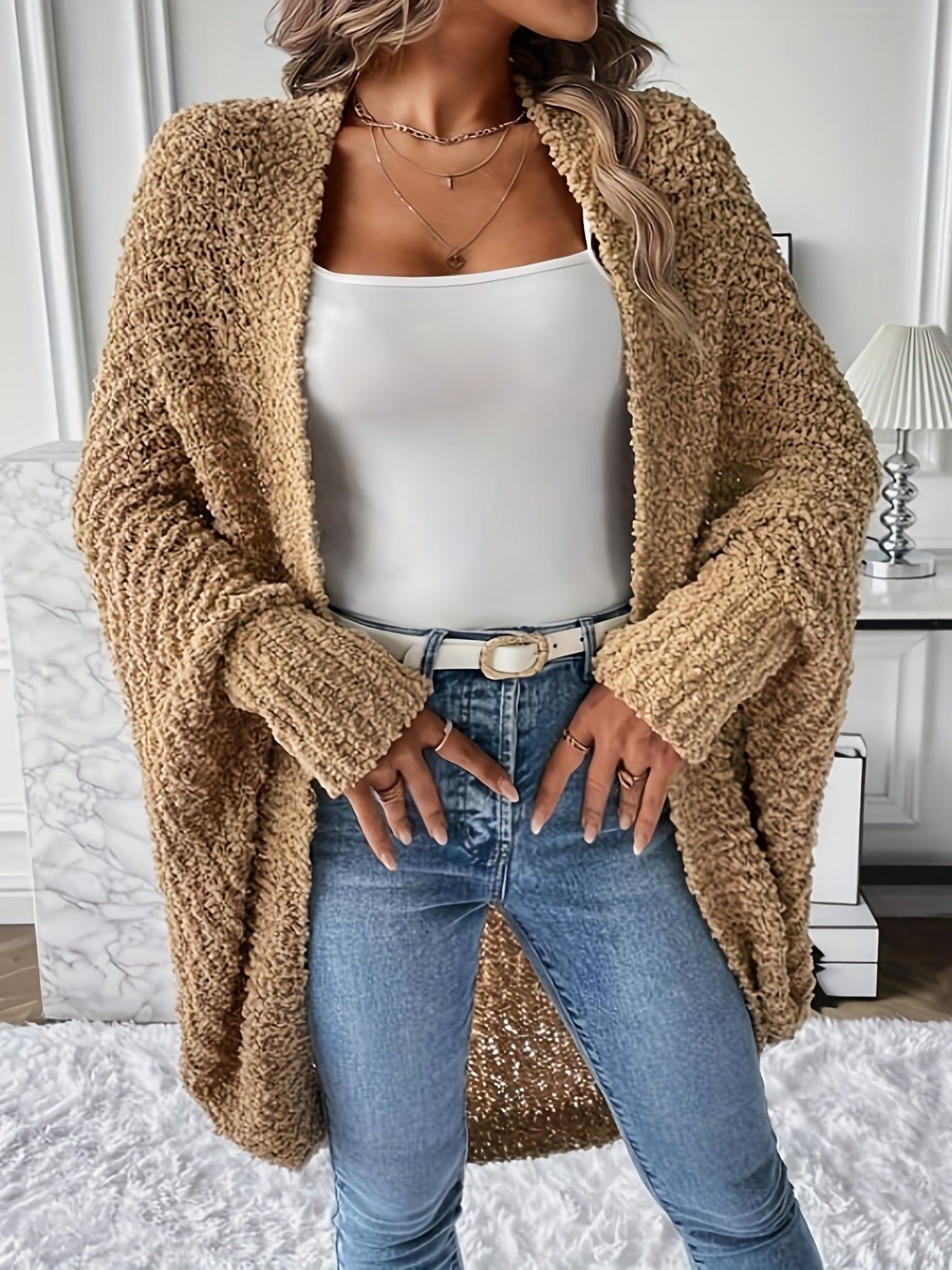  Solid Pom pom Batwing Sleeve Open Front Cardigan