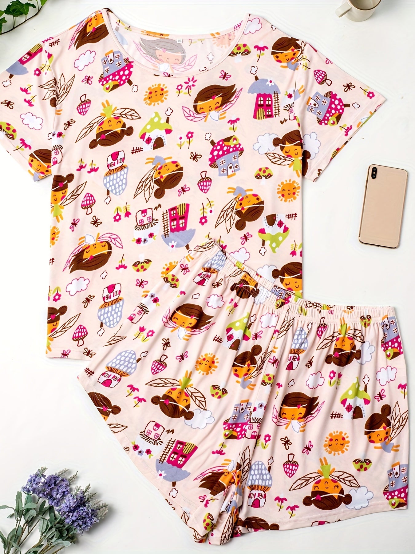  Women's Pajama Set House Print Short Sleeve Top & Pants