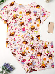  Women's Pajama Set House Print Short Sleeve Top & Pants