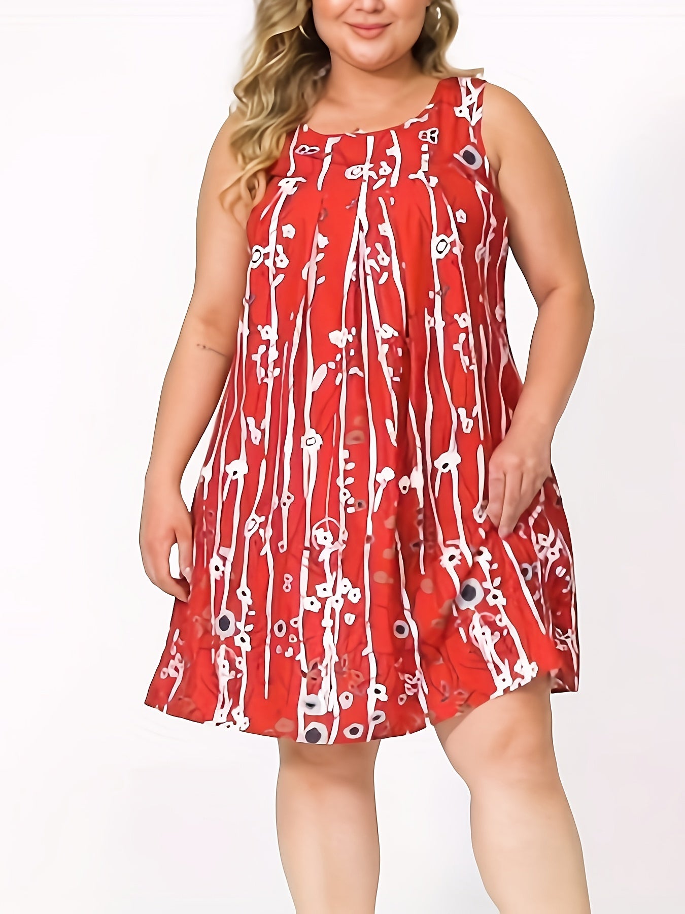  Floral Print Tank Dress Round Neck Slight Stretch